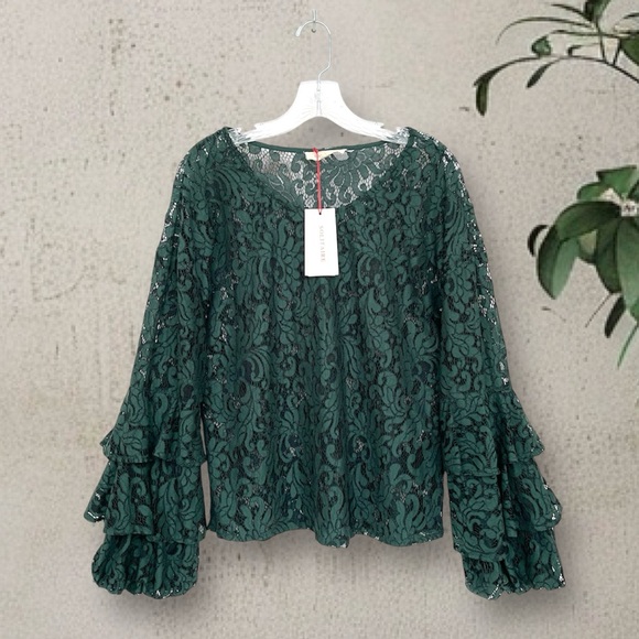 Solitaire Lace Blouse Long Layered Ruffle Bell Sleeve Crew Neck Jade Gre… - Picture 1 of 11